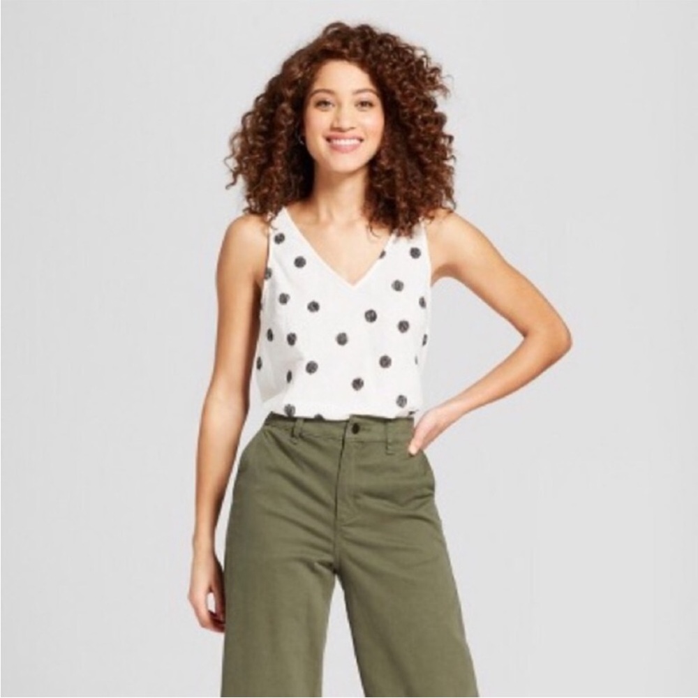 NWT A New Day polka dot v neck tank sleeveless blouse cotton linen S black cream